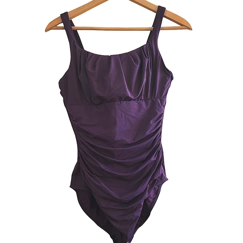 Lands' End Purple Ruched Swimsuit one piece with criss‎ cross back size 14